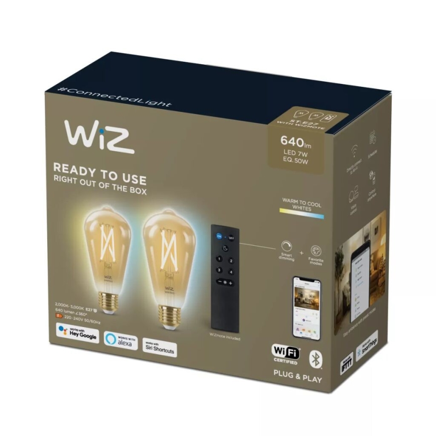 CONJUNTO 2x Lâmpada LED com regulação ST64 E27/7W/230V 2000-5000K CRI 90 Wi-Fi + controlo remoto - WiZ
