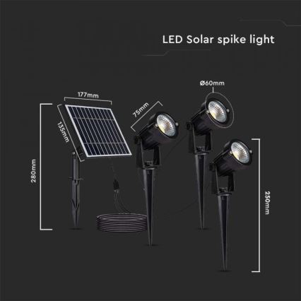 CONJUNTO 3x Candeeiro solar exterior LED 3xLED/1,2W/3,7V IP65 3000K