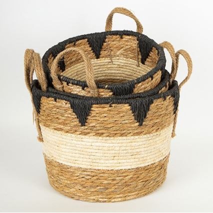 CONJUNTO 3x Cestos de palha bege/preto 27x20/30x22/36x28 cm
