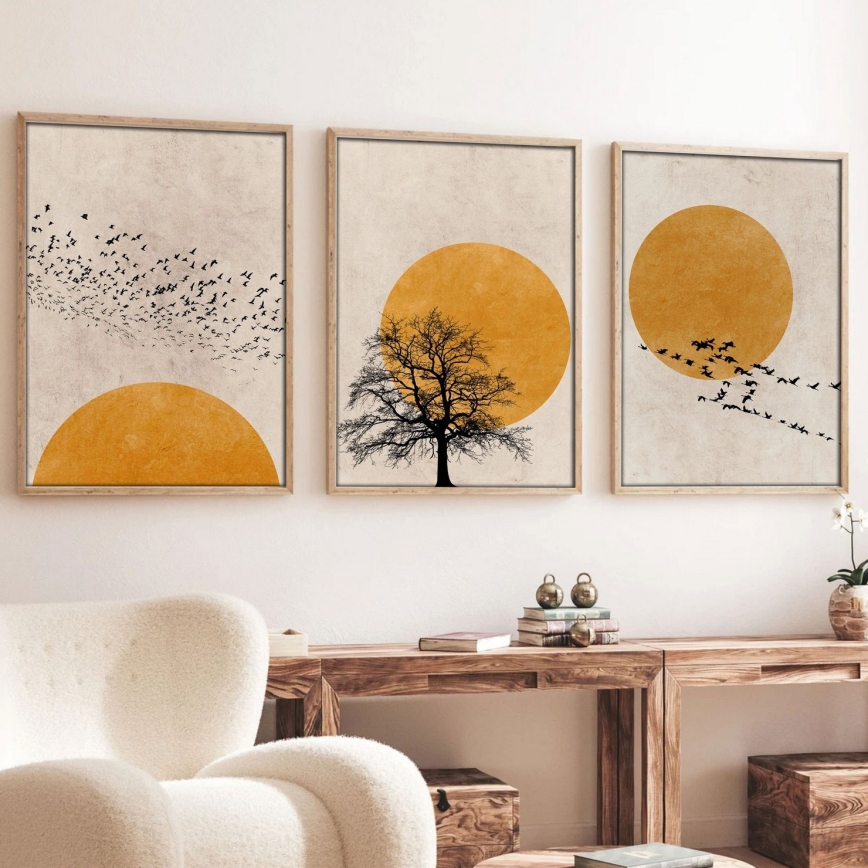 CONJUNTO 3x Fotografias numa moldura 50x70 cm bege/amarelo