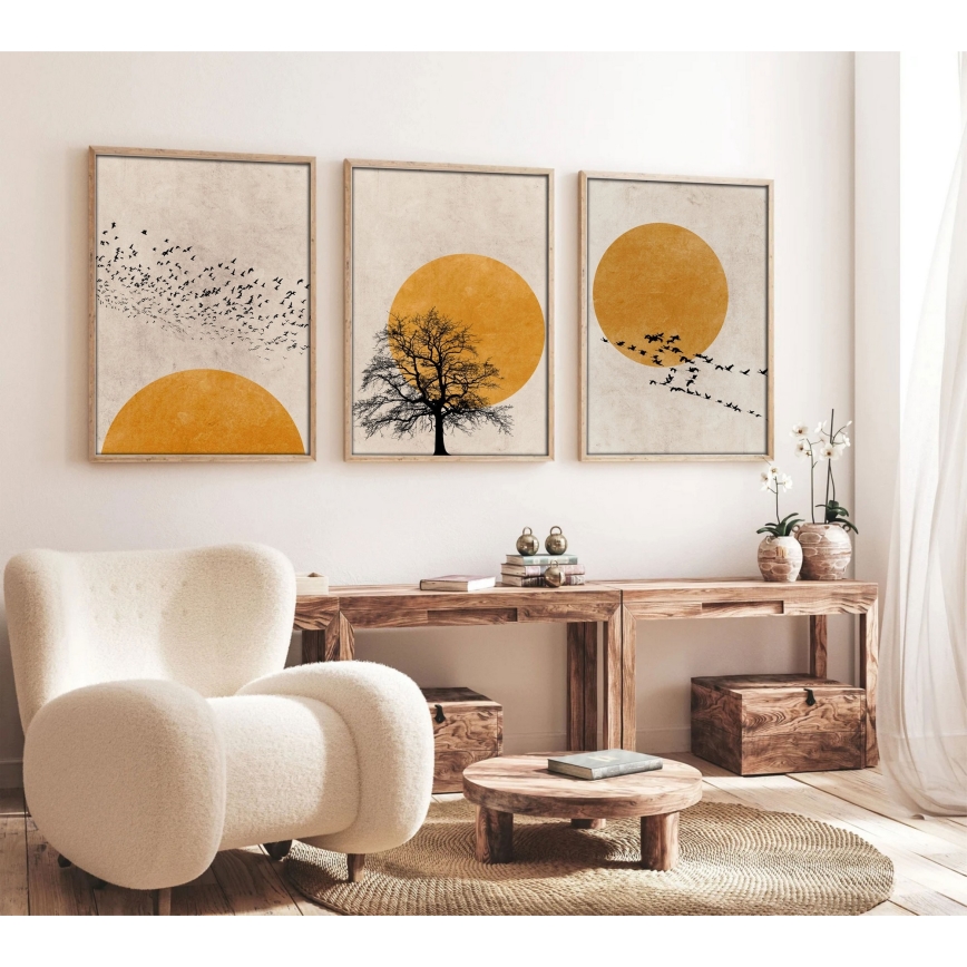 CONJUNTO 3x Fotografias numa moldura 50x70 cm bege/amarelo