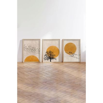 CONJUNTO 3x Fotografias numa moldura 50x70 cm bege/amarelo