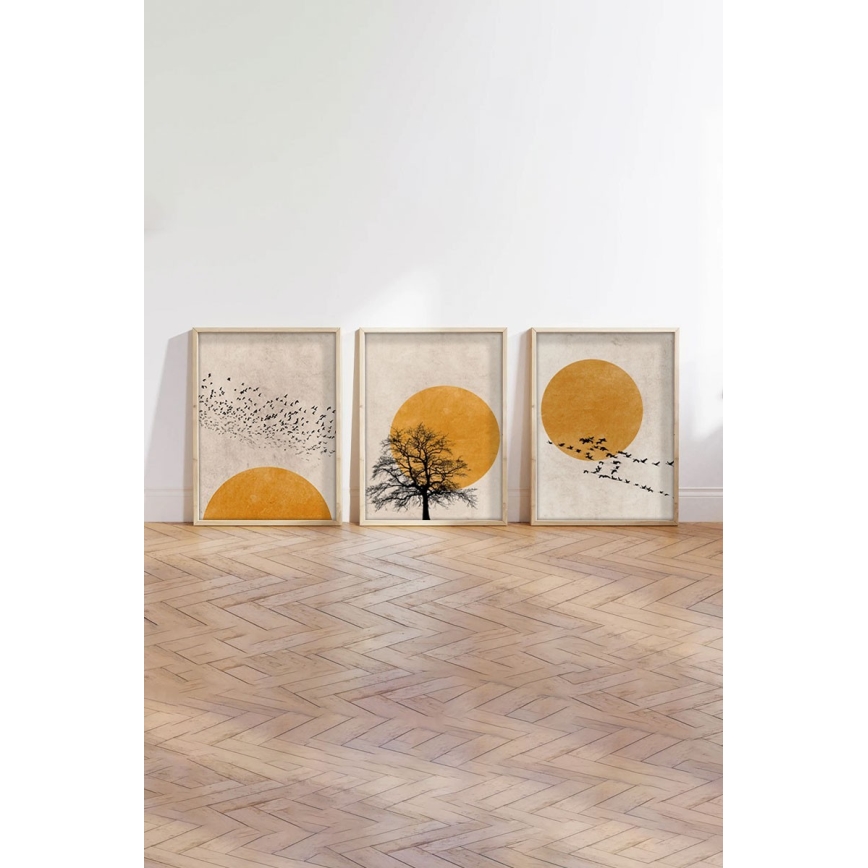 CONJUNTO 3x Fotografias numa moldura 50x70 cm bege/amarelo