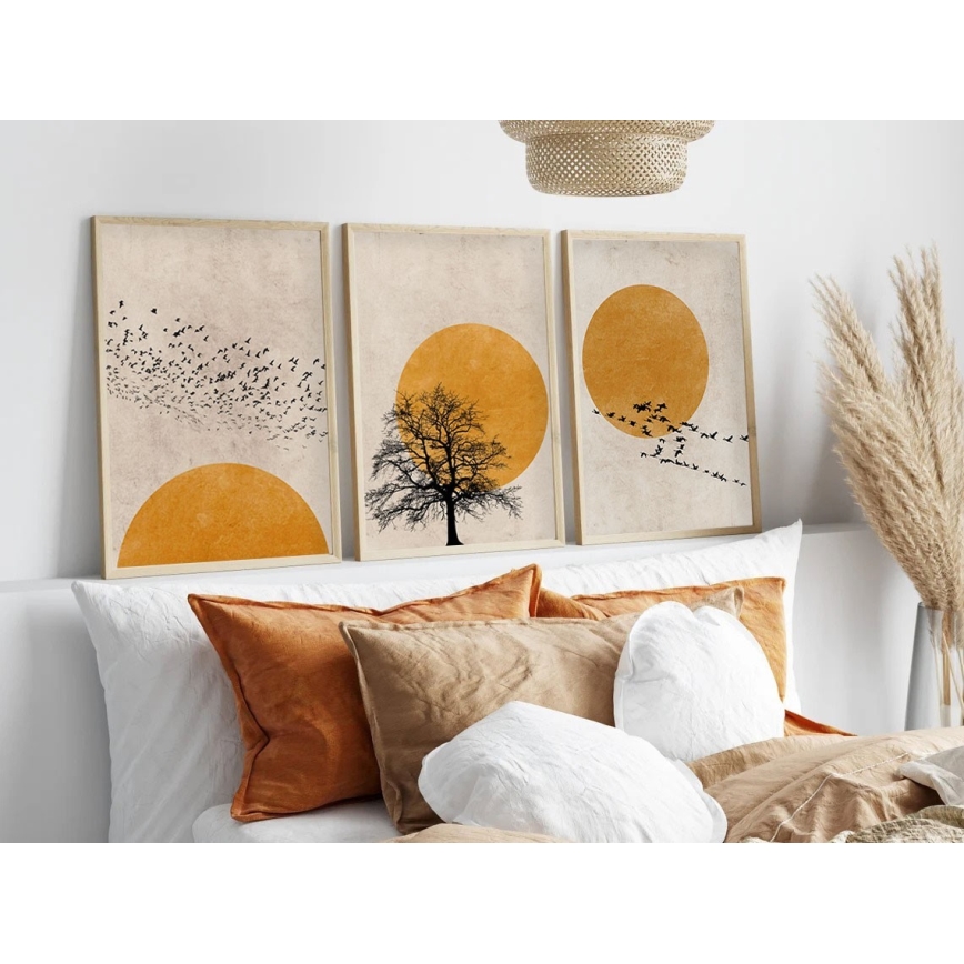 CONJUNTO 3x Fotografias numa moldura 50x70 cm bege/amarelo