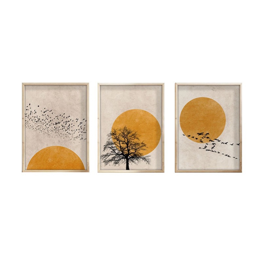 CONJUNTO 3x Fotografias numa moldura 50x70 cm bege/amarelo