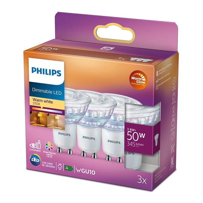 CONJUNTO 3x Lâmpada LED com regulação Philips Warm Glow GU10/3,8W/230V 2200-2700K CRI 90
