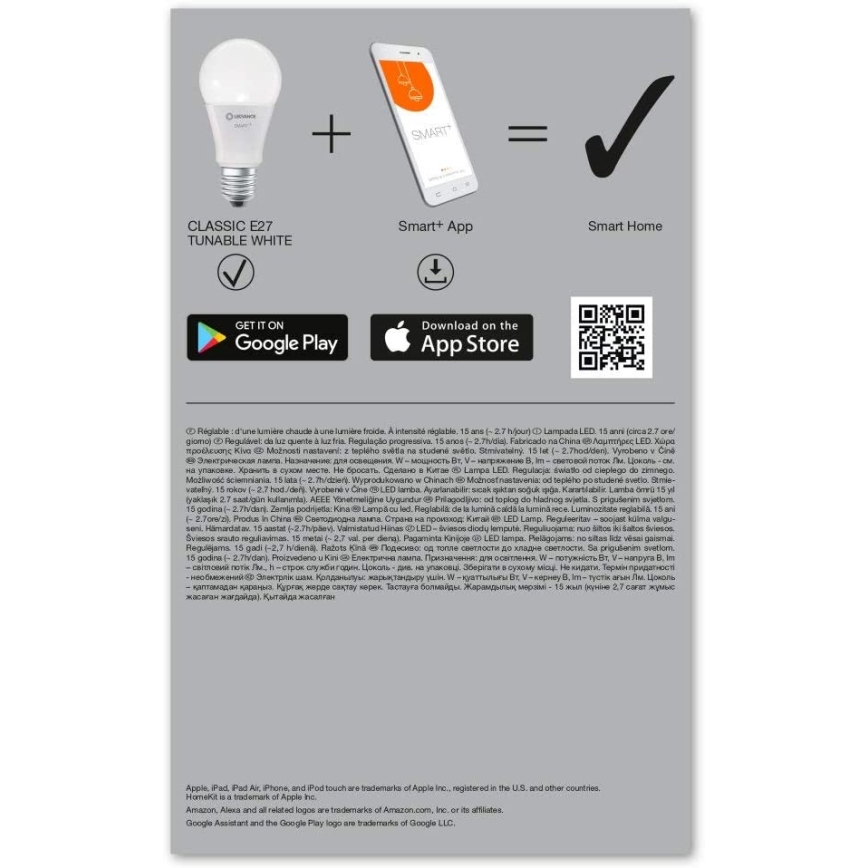 CONJUNTO 3x Lâmpada LED com regulação SMART + E27/9,5W/230V 2700K-6500K Wi-Fi - Ledvance