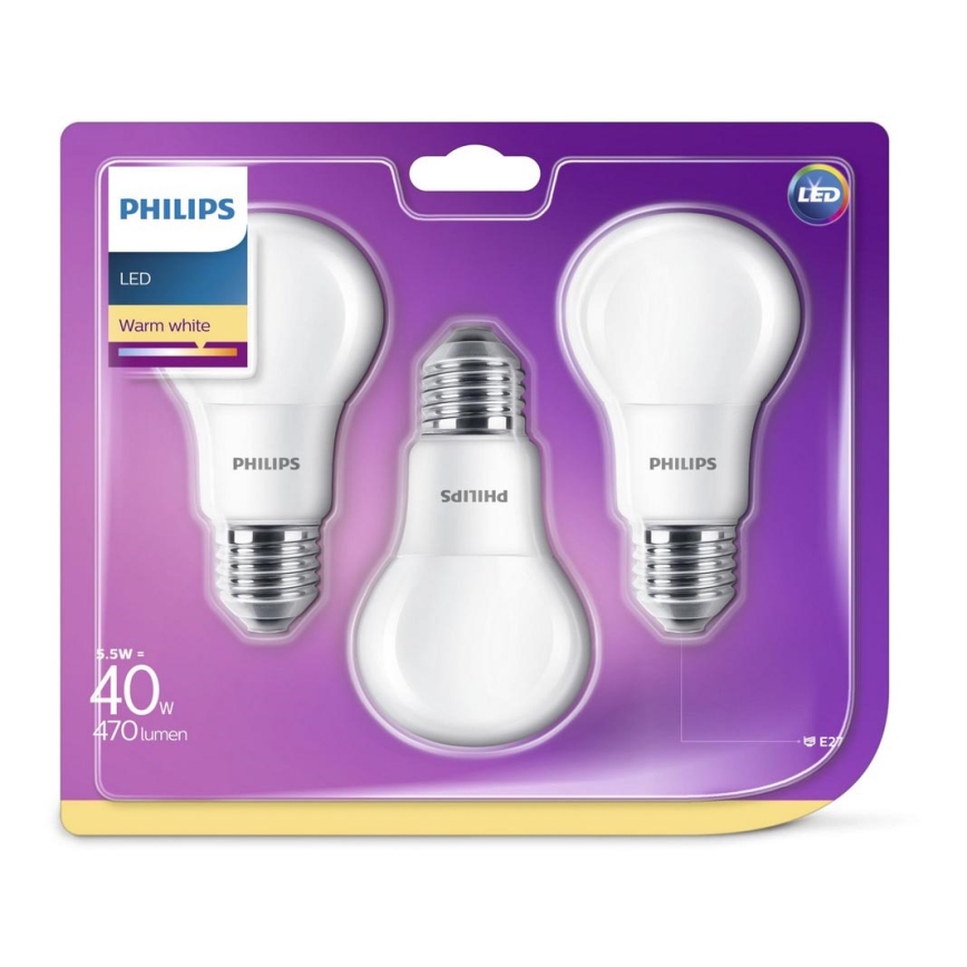 CONJUNTO 3x Lâmpada LED Philips E27/5,5W/230V 2700K