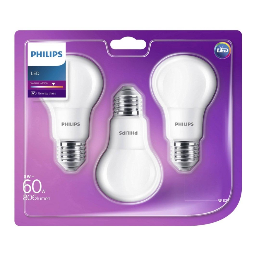 CONJUNTO 3x Lâmpada LED Philips E27/8W/230V 2700K