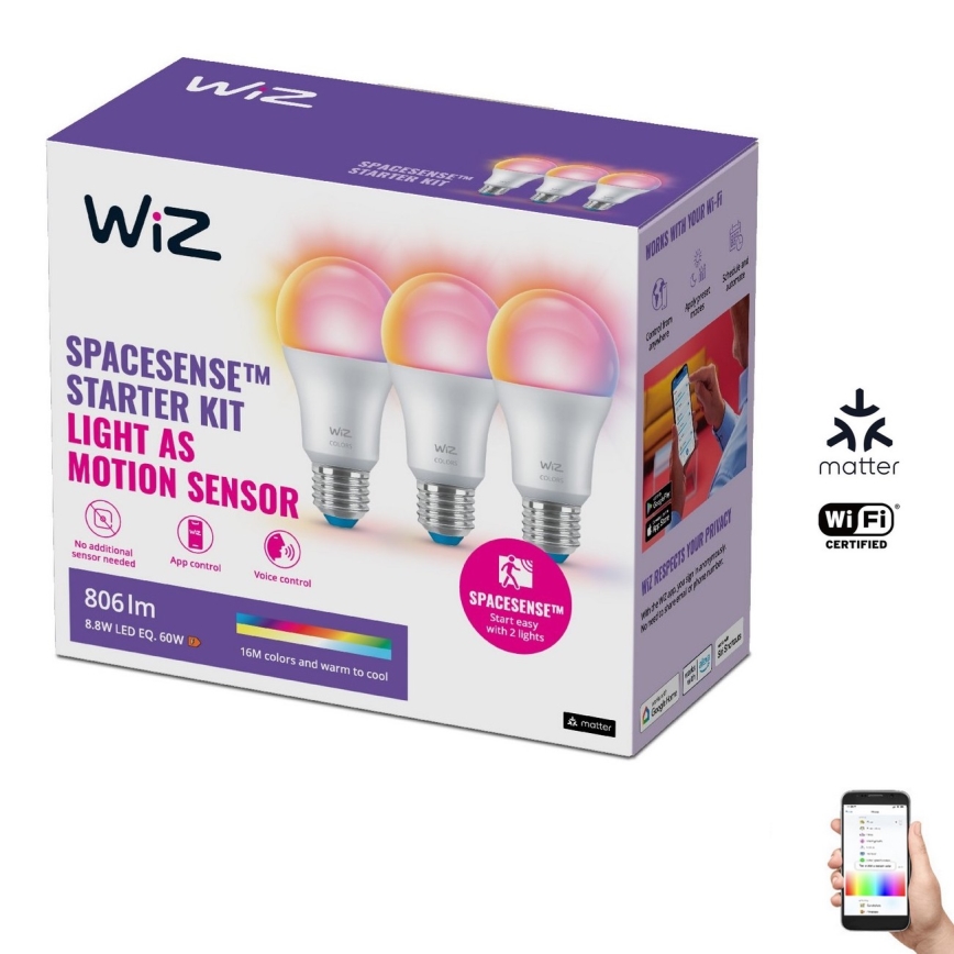 CONJUNTO 3x Lâmpada LED RGBW com regulação A60 E27/8,8W/230V 2200-6500K Wi-Fi - WiZ