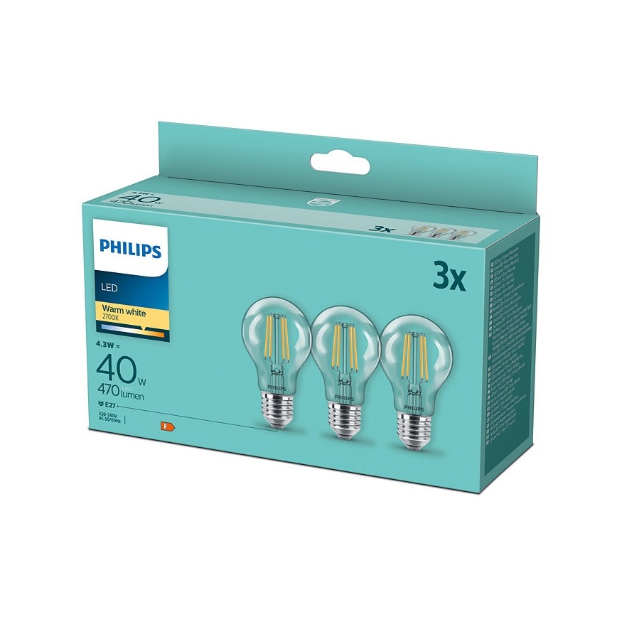 CONJUNTO 3x Lâmpada LED VINTAGE Philips E27/4,3W/230V 2700K