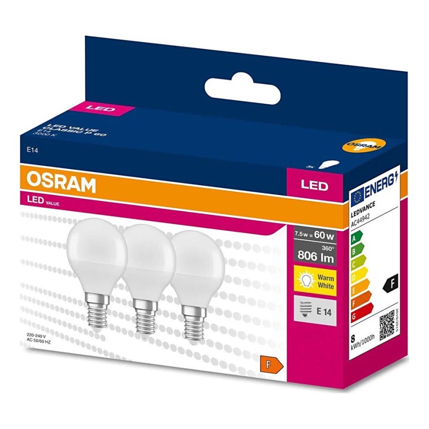 CONJUNTO 3x Lâmpadas LED P45 E14/7,5W/230V 3000K - Osram