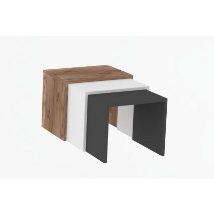 CONJUNTO 3x Mesa de apoio GUL castanho/branco/cinzento