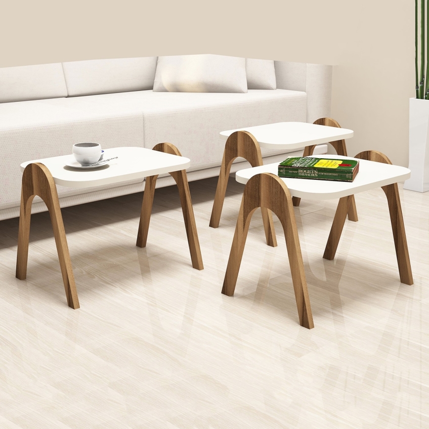 CONJUNTO 3x Mesa de apoio PARIS cremoso/castanho