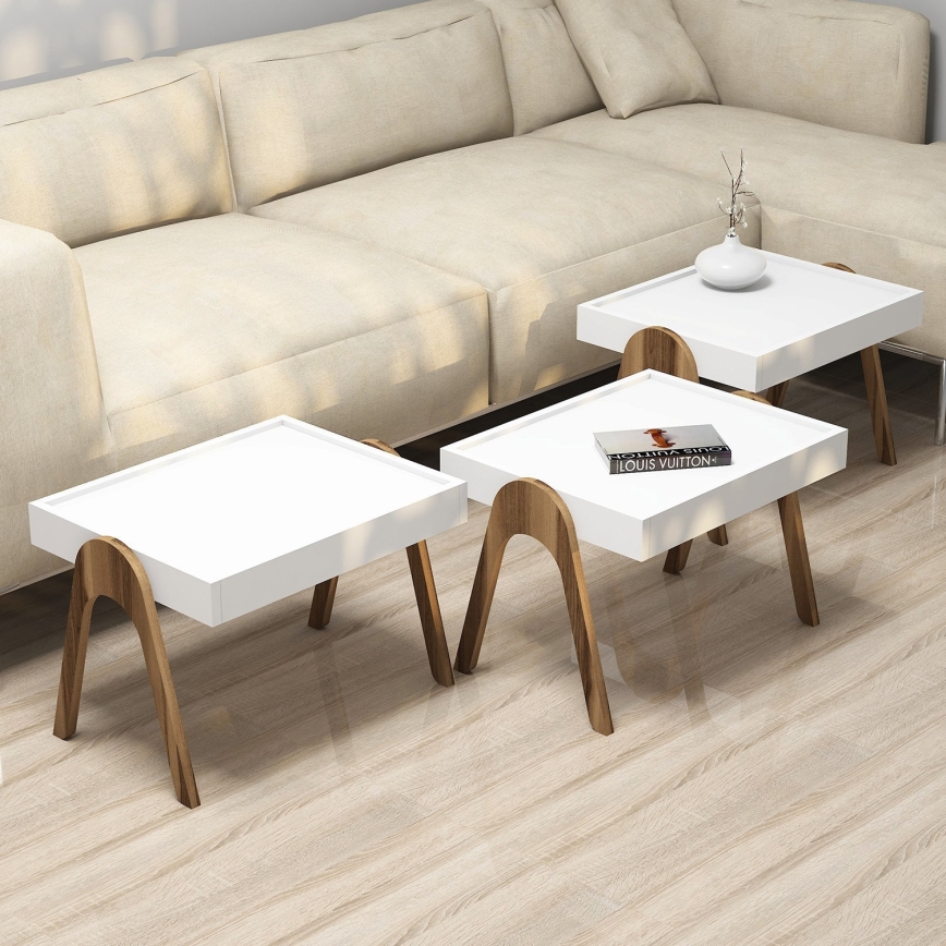 CONJUNTO 3x Mesa de apoio ROMA branco/castanho