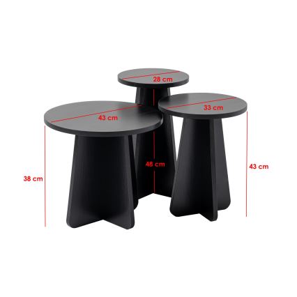 CONJUNTO 3x Mesas de cabeceira LUME diâmetro 28/33/43 cm preto