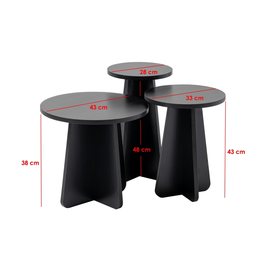 CONJUNTO 3x Mesas de cabeceira LUME diâmetro 28/33/43 cm preto