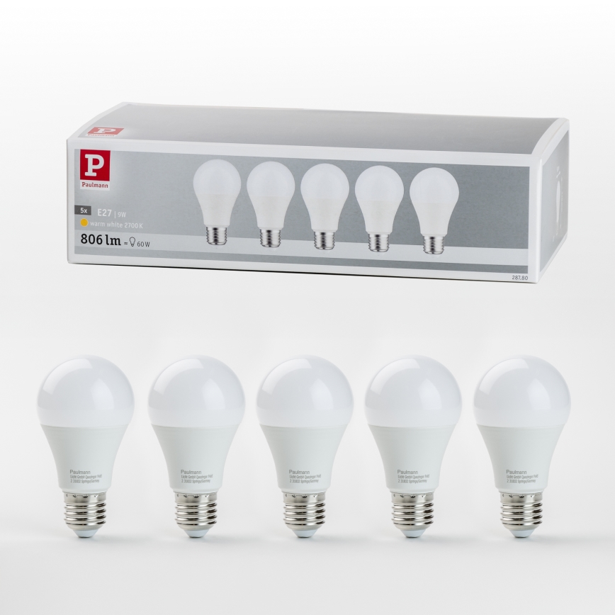 CONJUNTO 5x Lâmpadas LED A60 E27/9W/230V 2700K - Paulmann 28780