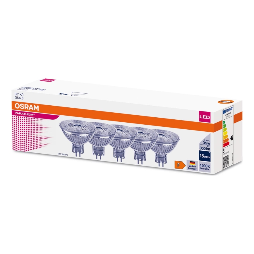 CONJUNTO 5x Lâmpadas LED MR16 GU5,3/3,8W/12V 4000K 36° - Osram