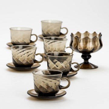 Conjunto 6x copo de vidro com pires e 1x açucareiro fumado