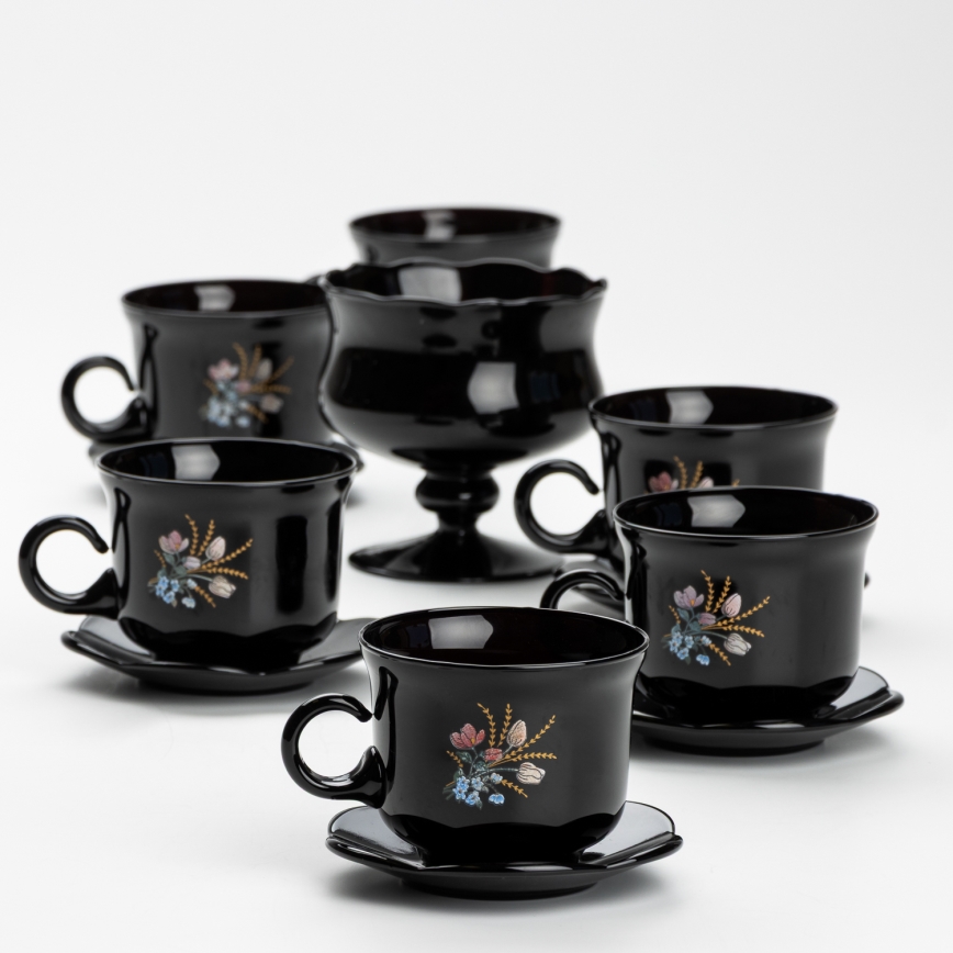 Conjunto 6x copo de vidro com pires e 1x açucareiro preto buquê no. 1