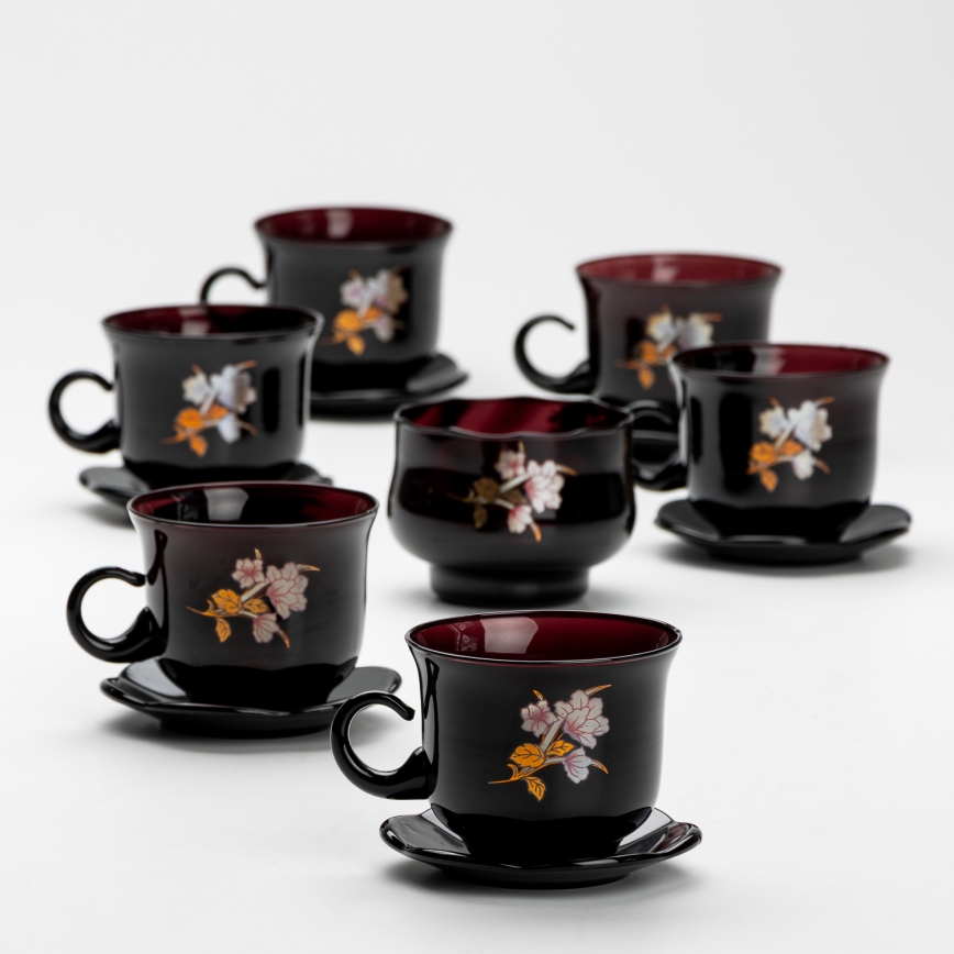 Conjunto 6x copo de vidro com pires e 1x açucareiro preto buquê no. 3