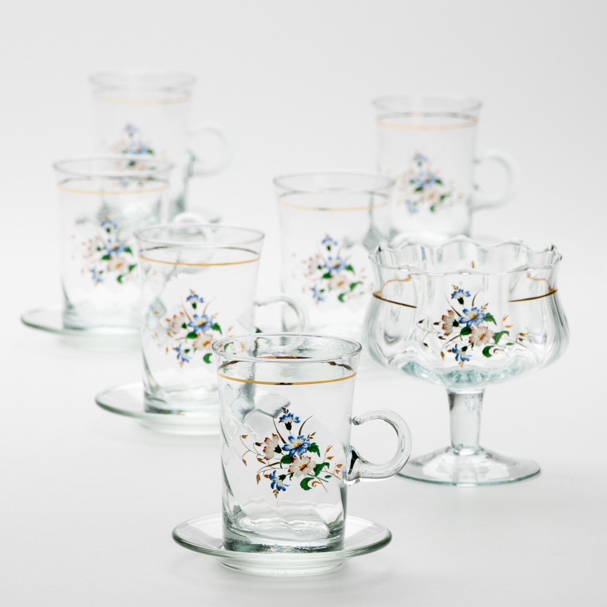 Conjunto 6x copo de vidro com pires e 1x açucareiro transparente buquê no. 3