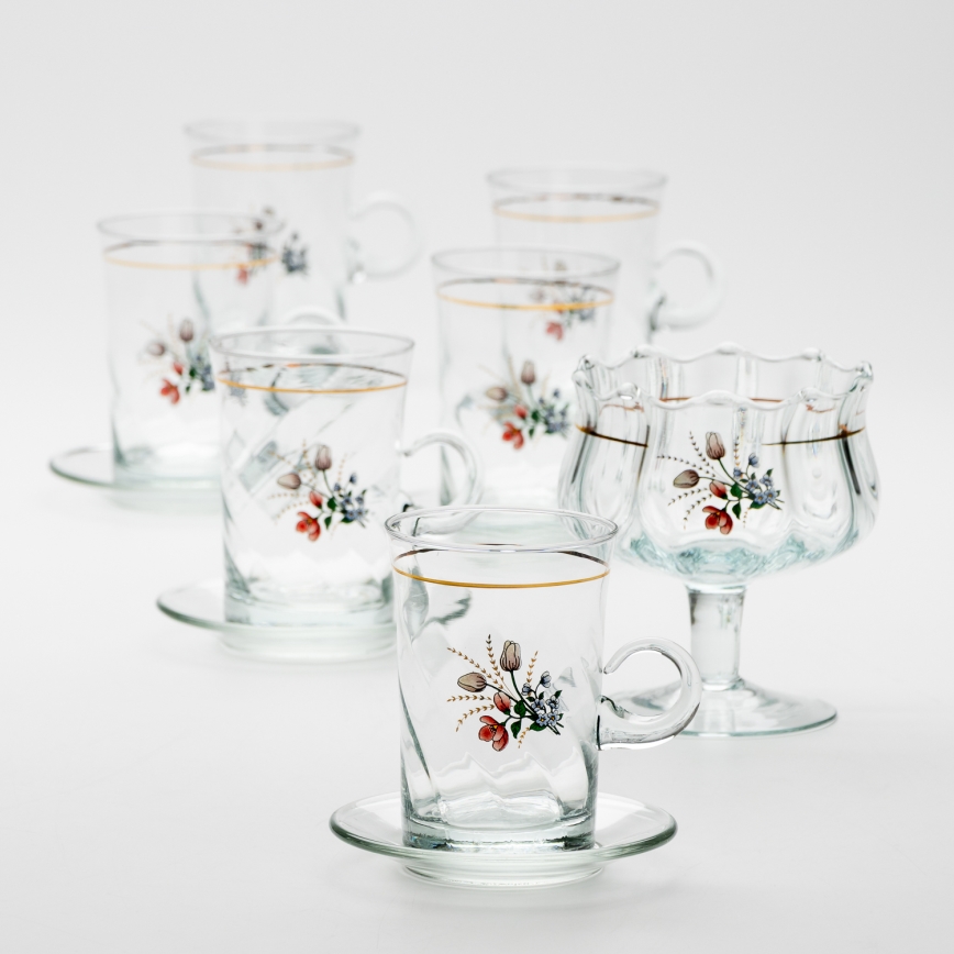 Conjunto 6x copo de vidro com pires e 1x açucareiro transparente buquê nº. 4