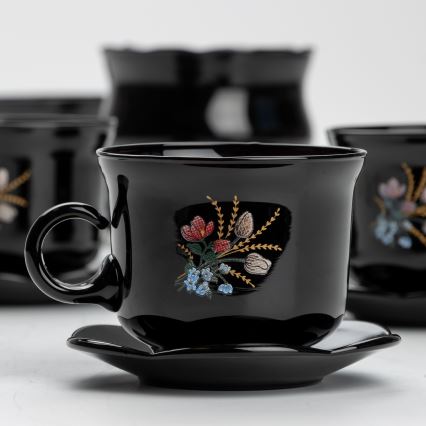 Conjunto 6x copo de vidro com pires e 1x açucareiro preto buquê no. 1
