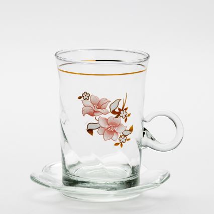 Conjunto 6x copo de vidro com pires e 1x açucareiro transparente buquê no. 2