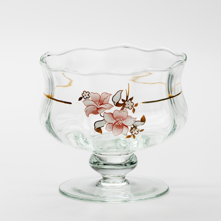 Conjunto 6x copo de vidro com pires e 1x açucareiro transparente buquê no. 2