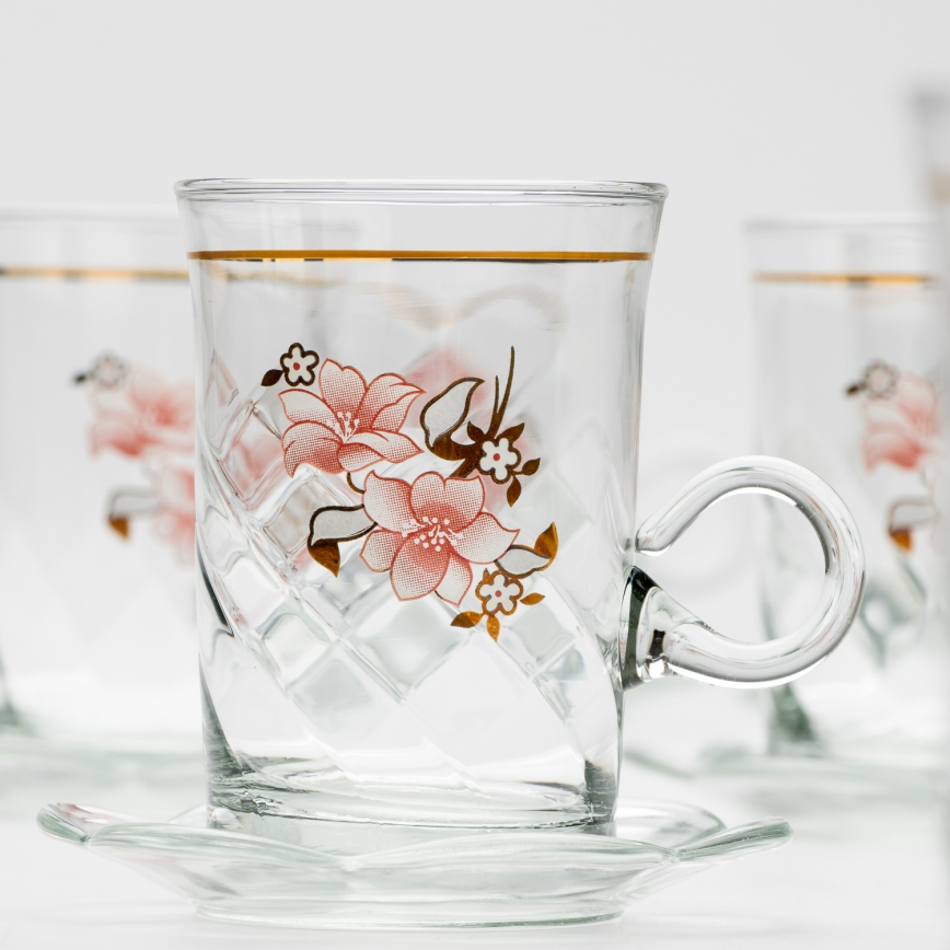 Conjunto 6x copo de vidro com pires e 1x açucareiro transparente buquê no. 2