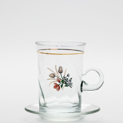 Conjunto 6x copo de vidro com pires e 1x açucareiro transparente buquê nº. 4
