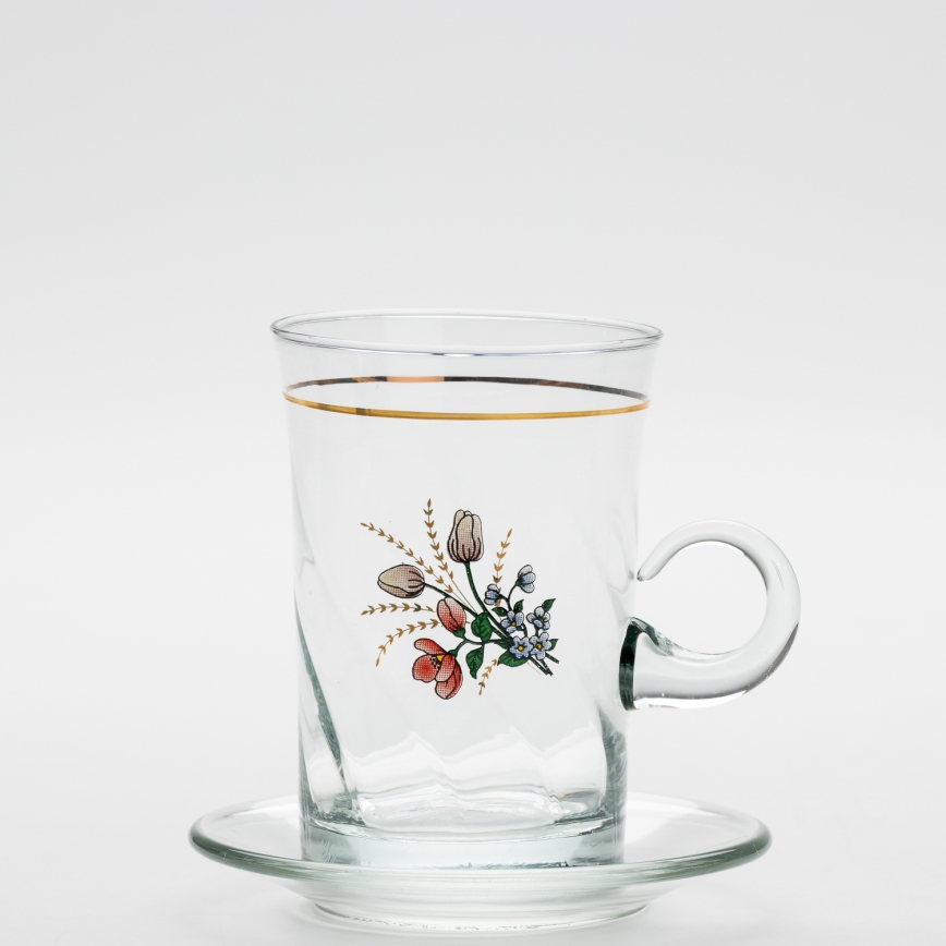 Conjunto 6x copo de vidro com pires e 1x açucareiro transparente buquê nº. 4