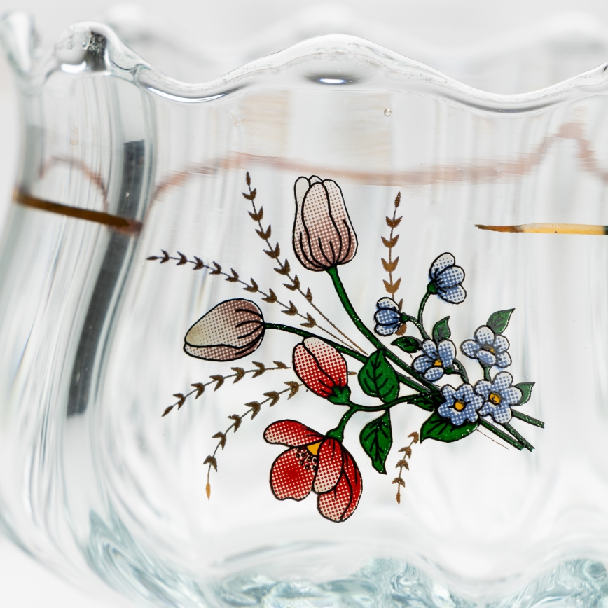 Conjunto 6x copo de vidro com pires e 1x açucareiro transparente buquê nº. 4