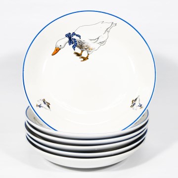 Conjunto 6x prato fundo em cerâmica 22 cm branco azul