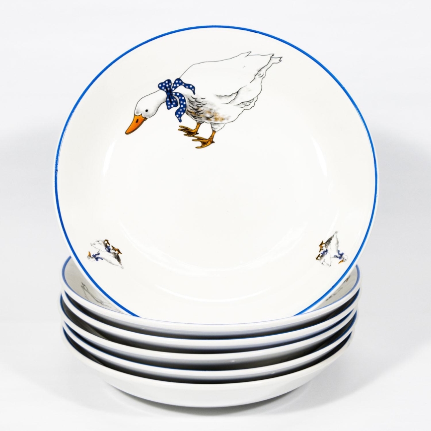 Conjunto 6x prato fundo em cerâmica 22 cm branco azul