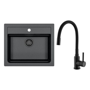Conjunto ALVEUS SETA23228 - Pia de cozinha ATROX 59x50 cm + Torneira com bico flexível MINTAS 34 cm granito/preto mate