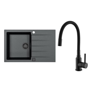 Conjunto ALVEUS SETA23231 - Pia de cozinha CADIT 79x50 cm + misturadora com bico flexível MINTAS 34 cm granito/preto fosco