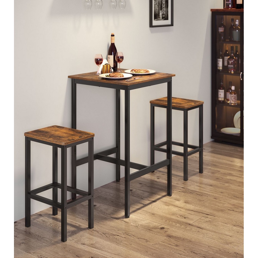 Conjunto BARTIS: mesa de bar e 2 bancos altos, castanho/preto
