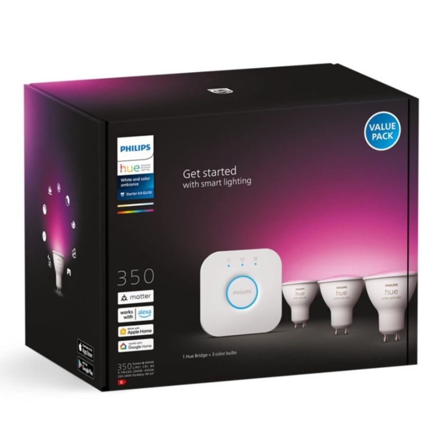 Conjunto básico Philips Hue WHITE AND COLOR AMBIANCE 3xGU10/5,7W/230V 2000-6500K + um dispositivo para conectar