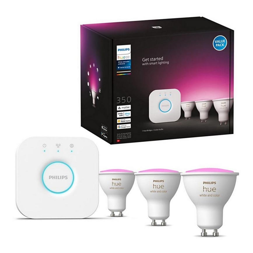 Conjunto básico Philips Hue WHITE AND COLOR AMBIANCE 3xGU10/5,7W/230V 2000-6500K + um dispositivo para conectar
