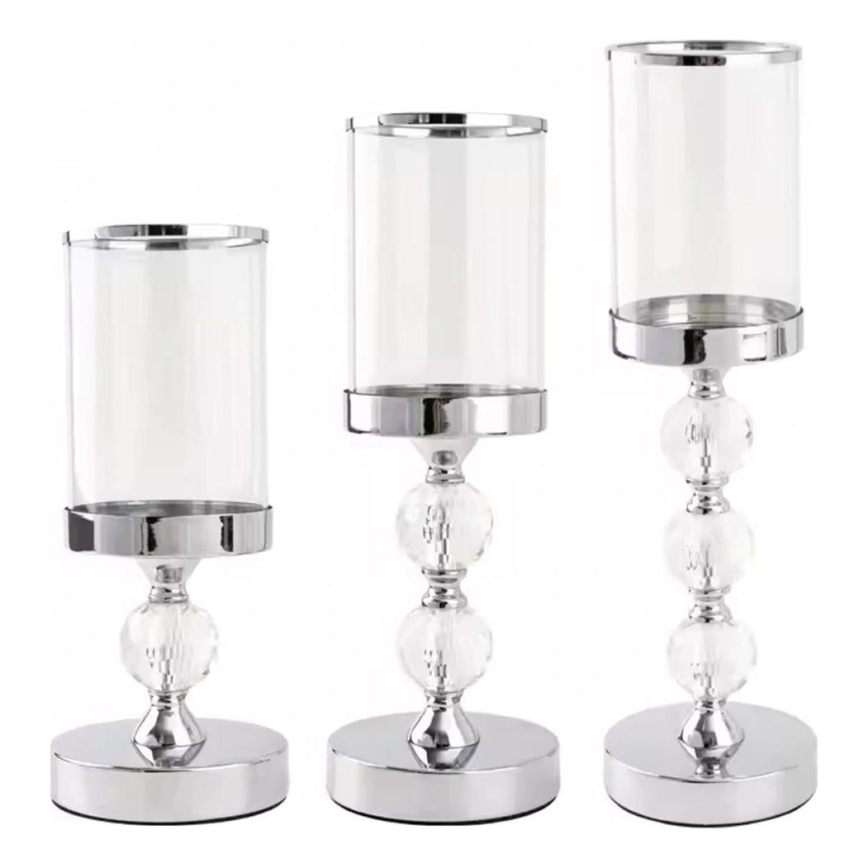 Conjunto de 3 castiçais cromados brilhantes