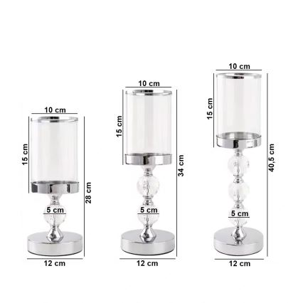 Conjunto de 3 castiçais cromados brilhantes