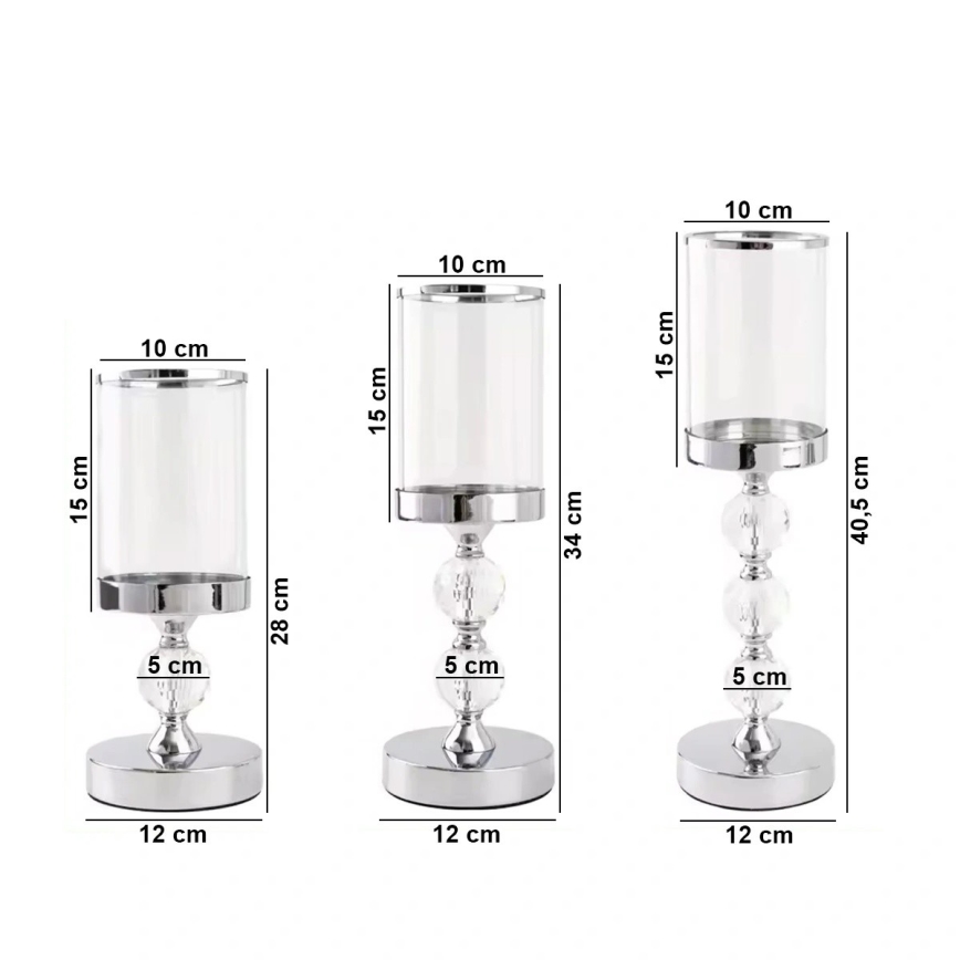 Conjunto de 3 castiçais cromados brilhantes