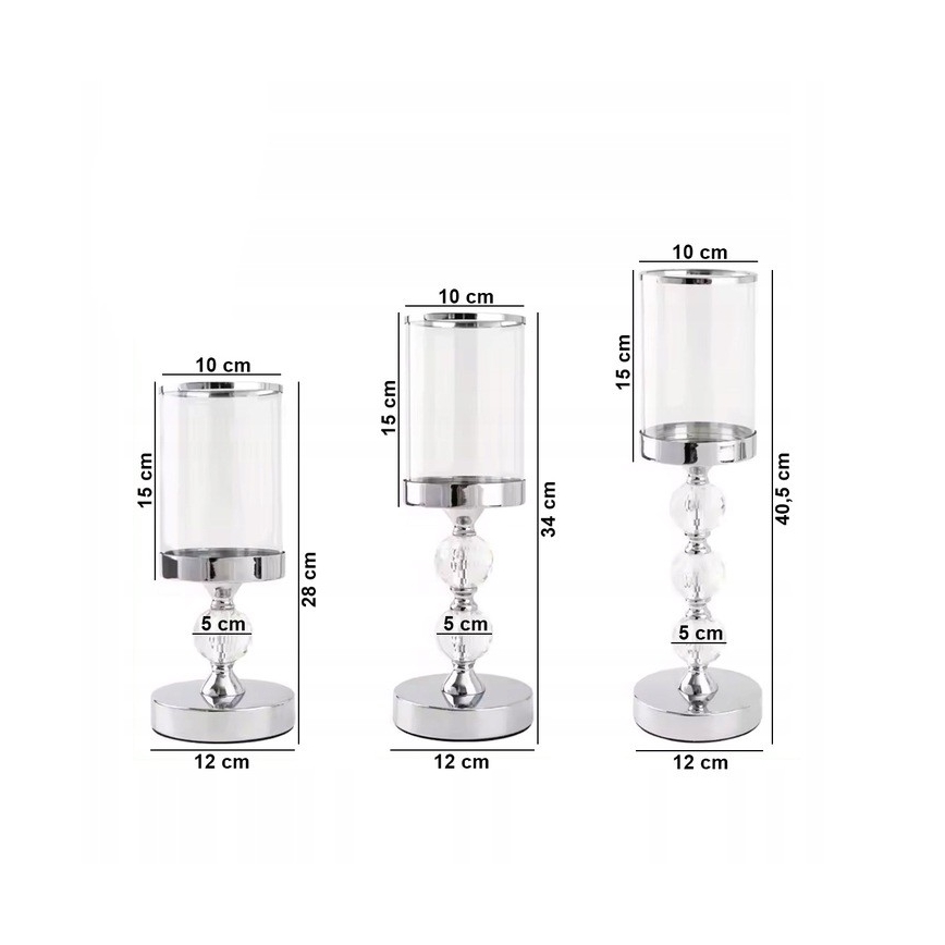 Conjunto de 3 castiçais cromados brilhantes