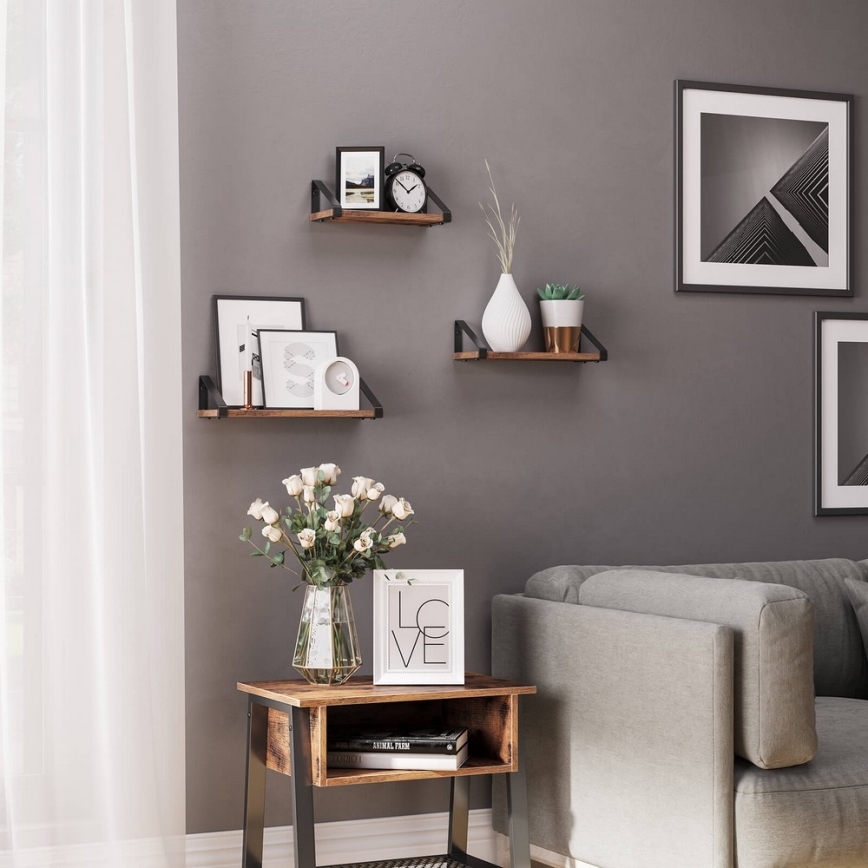 Conjunto de 3 prateleiras de parede SHELFY castanho/preto