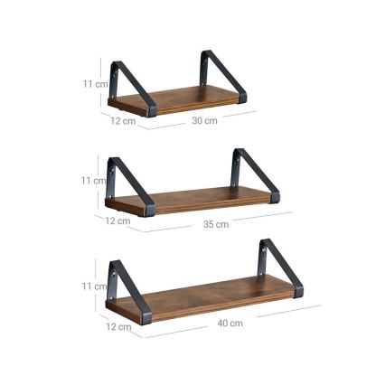 Conjunto de 3 prateleiras de parede SHELFY castanho/preto