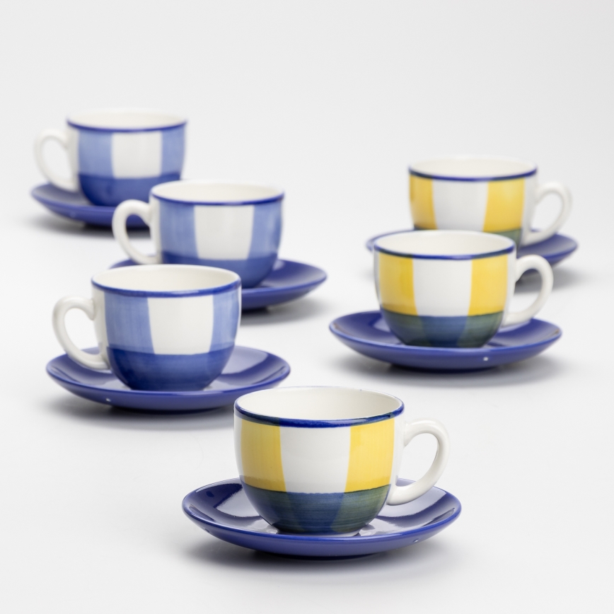 Conjunto de café 6x chávenas de cerâmica Tereza com um pires branco azul amarelo