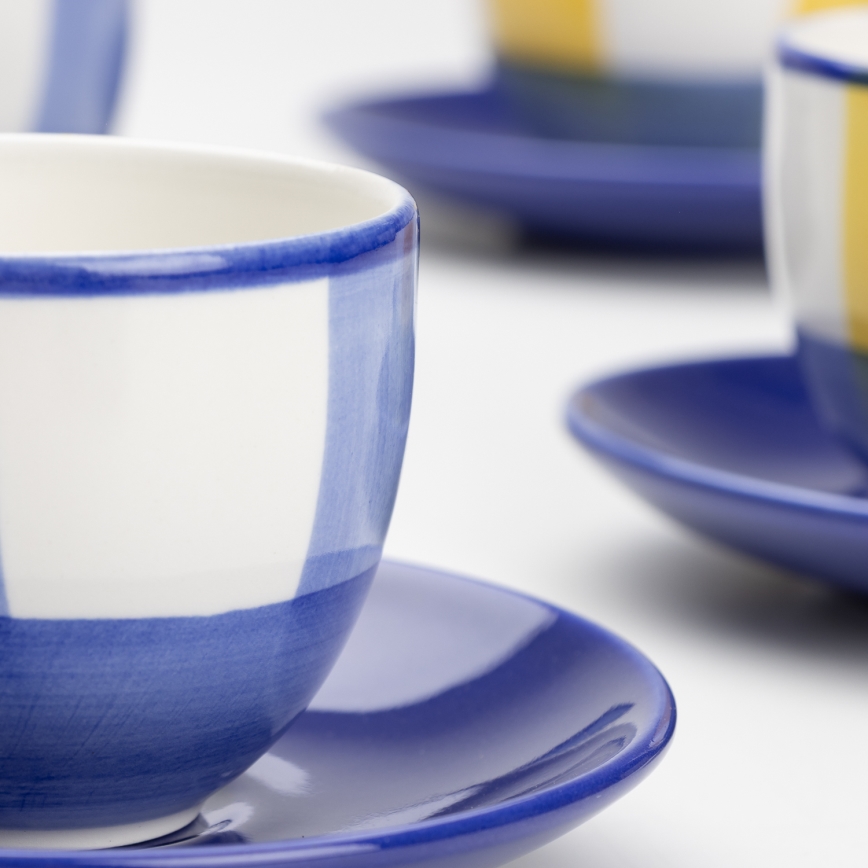 Conjunto de café 6x chávenas de cerâmica Tereza com um pires branco azul amarelo